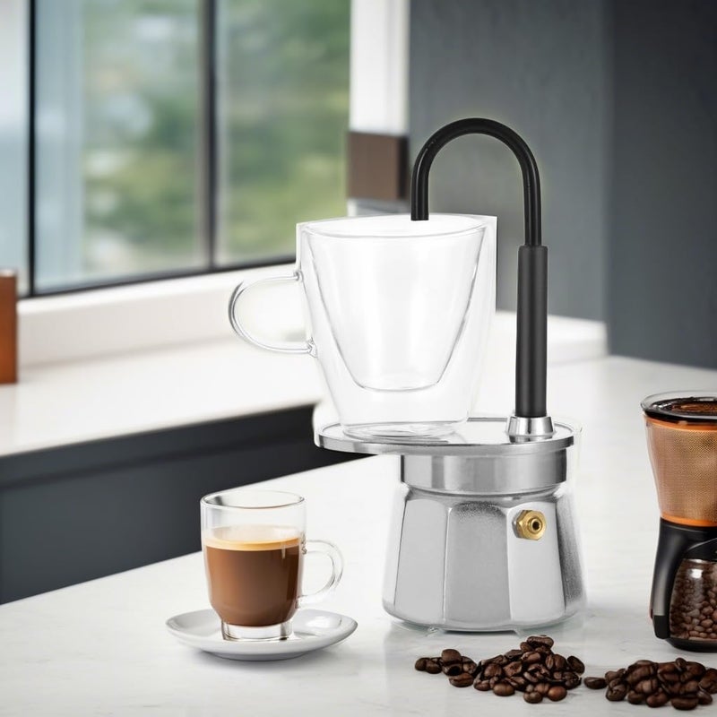 MVPLUE-Mini Express Swiss Single Tube Moka Pot Aluminum Silver,Moka Set includes One Double Wall 3oz Cup,Enjoy delicious coffee in no time - Image 5